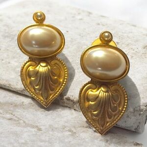 Gold Tone and Faux Cream Pearl Earrings